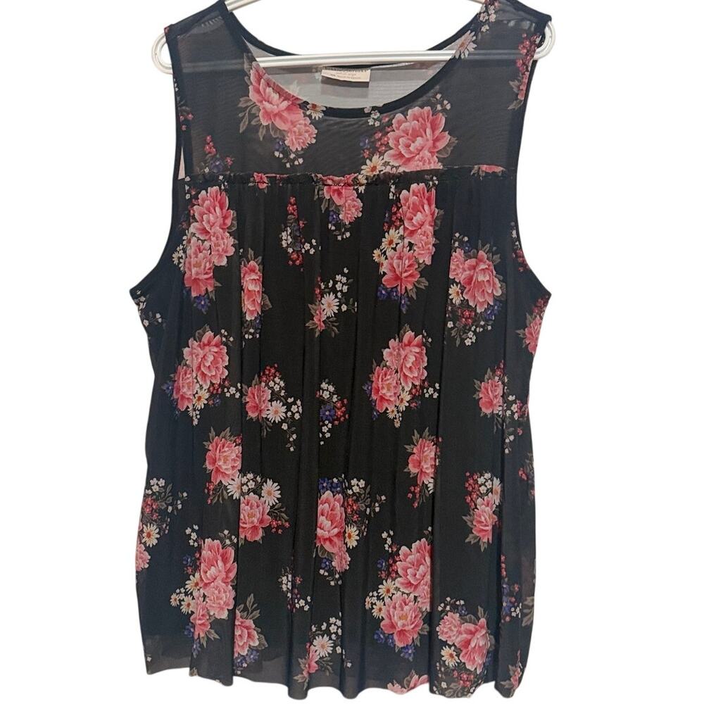 Bobbie Brooks Women's Black Pink Floral Baby Doll Sheer Neck Tank Top Size 2X